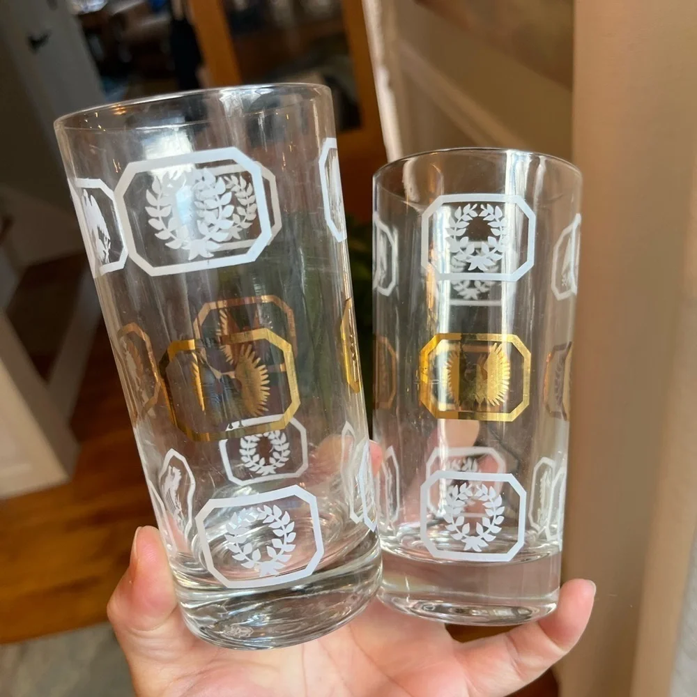 Highball Glasses Set of 2 Vintage Gold & White w/ Eagles Laurel Wreaths